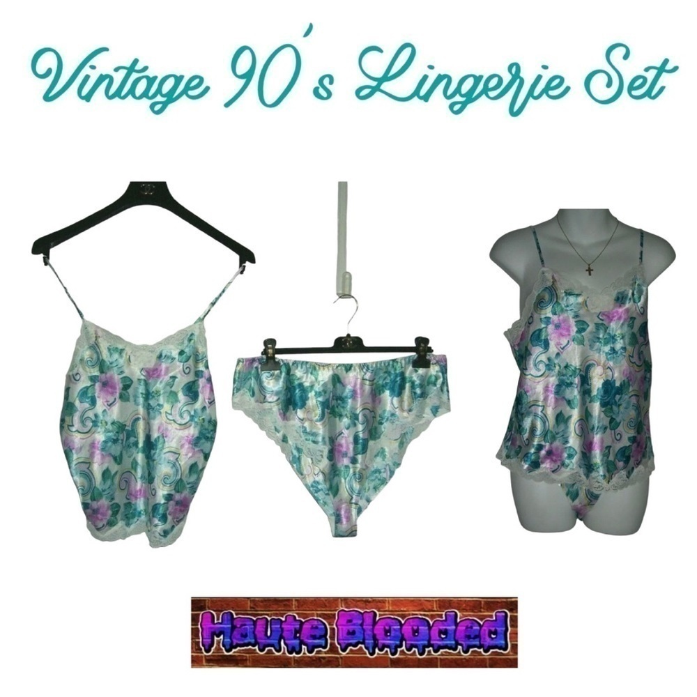 Vintage 90's Delicates Satin Lingerie Set Floral Lace Cami Panties Cottage Core